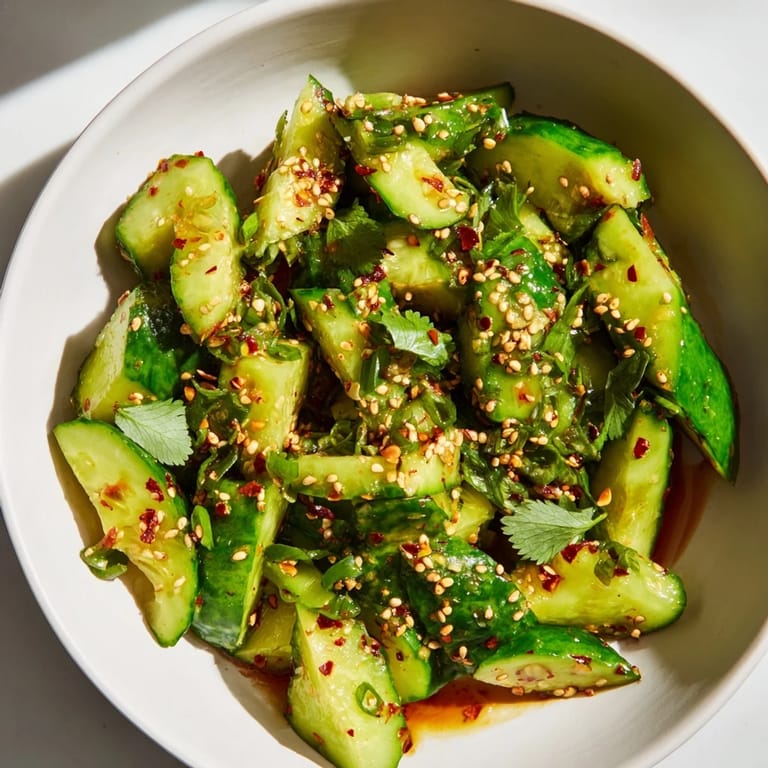 Close-up of a bowl of Chinese Spicy Smashed Cucumber Salad; visually appealing, perfectly dressed and ready to eat.