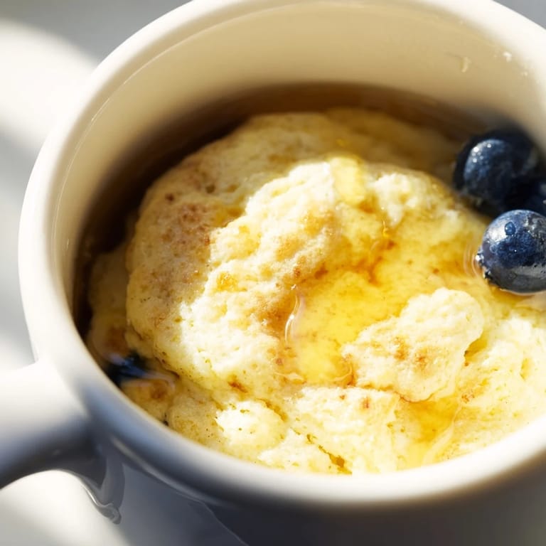 Delicious Microwave Mug Pancakes, perfectly puffed and ready, topped with fresh berries and ready to eat.