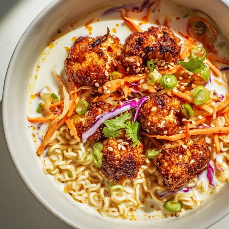 This warm bowl of Buffalo Cauliflower Ramen features crispy cauliflower in a spicy, flavorful meal.