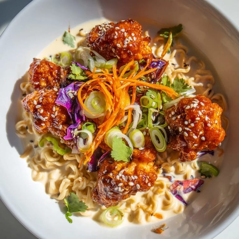 A close-up view of Buffalo Cauliflower Ramen: a comforting, vegetarian ramen with bold flavors.