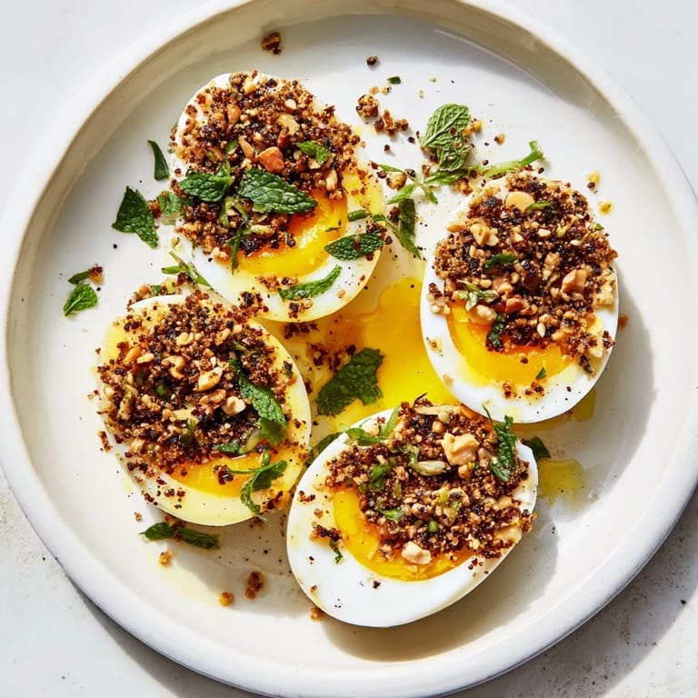 Enjoy the crunchy dukkah coating a plate of perfectly cooked Dukkah-Spiced Eggs for brunch.