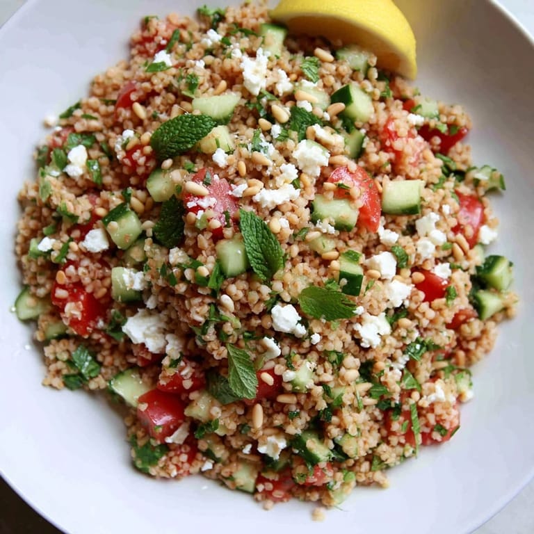 Close-up of a bright, healthy Tabbouleh Grain Bowl, drizzled with lemon dressing, perfect for lunch.