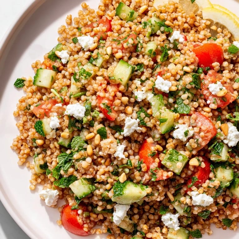 Enjoy a refreshing vegetarian Tabbouleh Grain Bowl, with bulgur, tomatoes, and herbs, ready to serve.