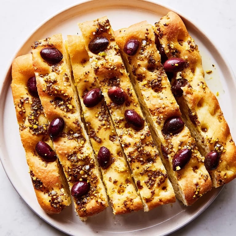 This rustic Zaatar Olive Focaccia offers a delightful mix of savory flavors, perfect for serving warm.