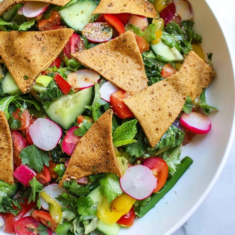 Get a taste of summer with this crunchy Fattoush Crunch Salad, covered in a zesty dressing.