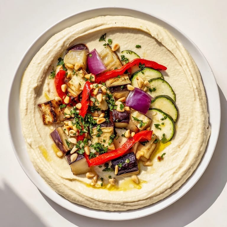 Vibrant Hummus Roasted Veggies, smelling of cumin, with golden pine nuts scattered across the dish.
