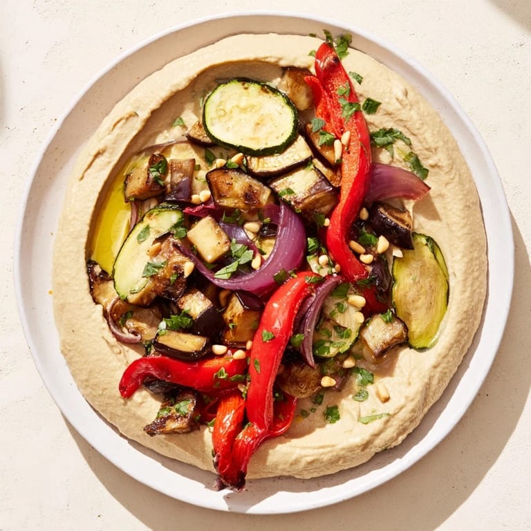 Enjoy a spoonful of Hummus Roasted Veggies; the creamy hummus contrasts beautifully with smoky roasted vegetables.