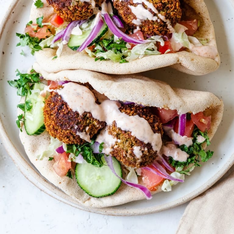 Golden-brown falafel nestled in a toasted pita, perfect for enjoying this tasty, vegetarian pita pocket.