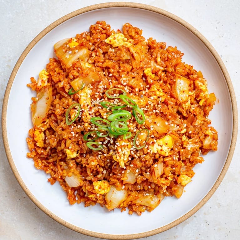 Colorful skillet of homemade Spicy Kimchi Fried Rice with vibrant red kimchi, diced carrots, and a drizzle of sesame oil.