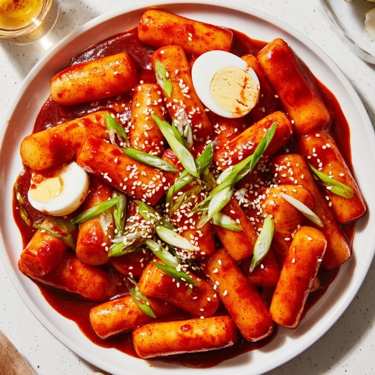 A vibrant bowl of homemade Korean tteokbokki, served hot with a sprinkle of sesame seeds and a side of pickled radish.