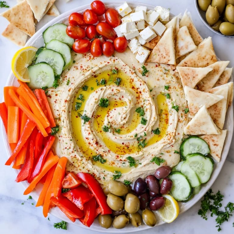 Appetizing Middle Eastern Mezze Platter served with tangy feta, briny olives, crunchy veggies, and drizzled olive oil.