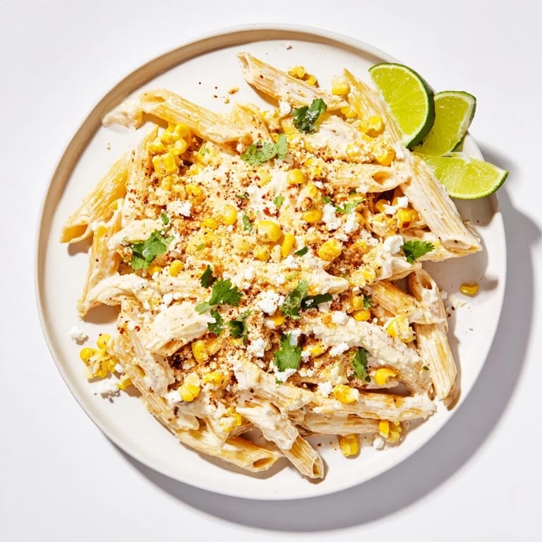 Vibrant Mexican Street Corn Pasta tossed with lime, chili powder, and creamy sauce on a dinner plate.  
