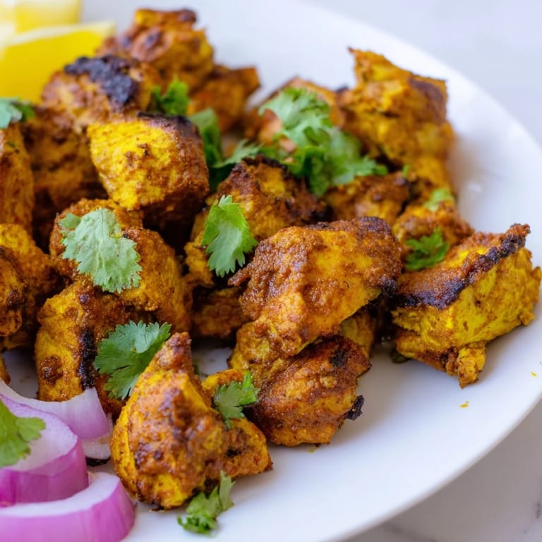 A vibrant plate of Indian Tikka Spiced Chicken alongside fluffy basmati rice and sliced onions.