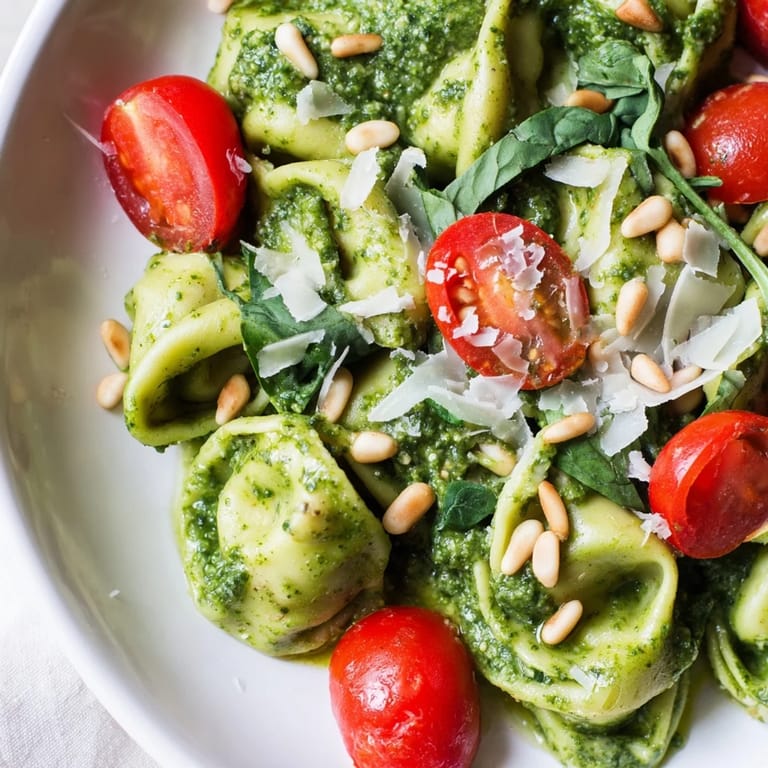 Chilled Pesto Tortellini Salad tossed with basil pesto dressing, showcasing vibrant greens and reds in a bowl.