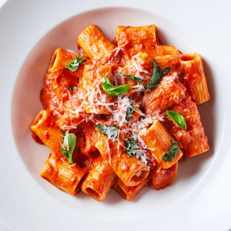 Tender rigatoni noodles tossed in a rich, creamy tomato sauce flecked with red pepper flakes, served in a rustic ceramic bowl on a wooden table.