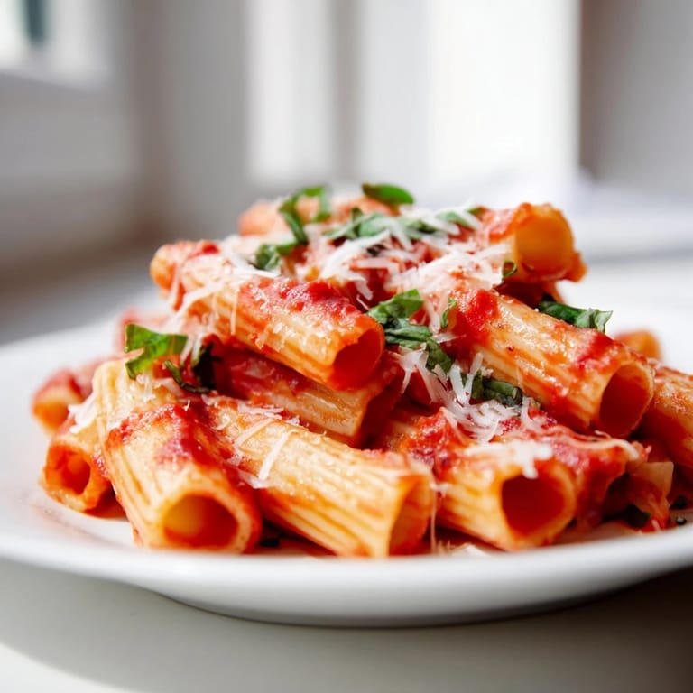 Top-down photo of Spicy Rigatoni Pasta, highlighting al dente tubes coated in velvety sauce, finished with a sprinkle of Parmesan and chopped fresh herbs.