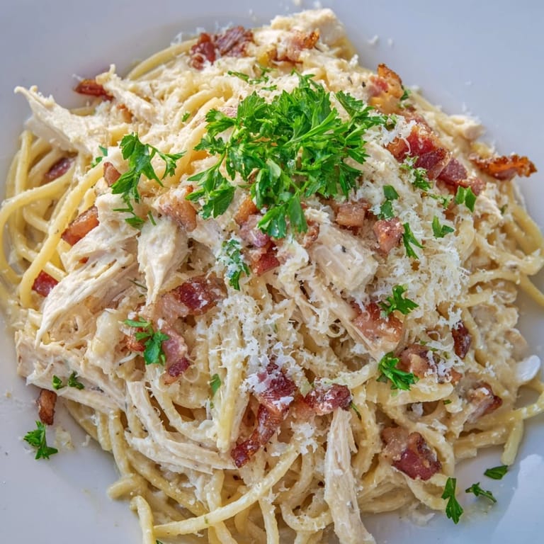 Rich Chicken Carbonara pasta with glossy egg-Parmesan sauce, dotted with bacon bits and tender chicken, ideal for family dinners.