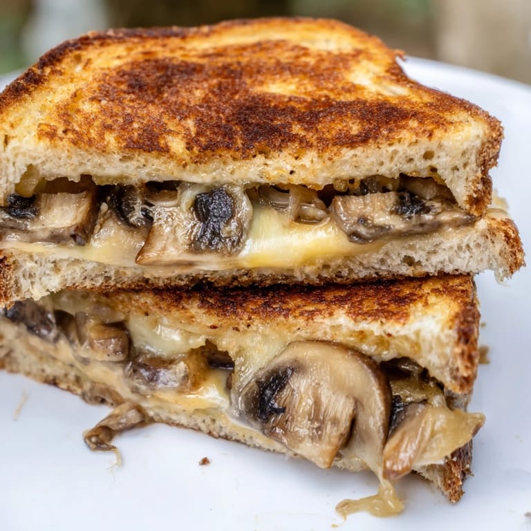 A close-up of a vegetarian Mushroom Swiss Grilled Cheese, highlighting the golden crust and melted cheese interior.