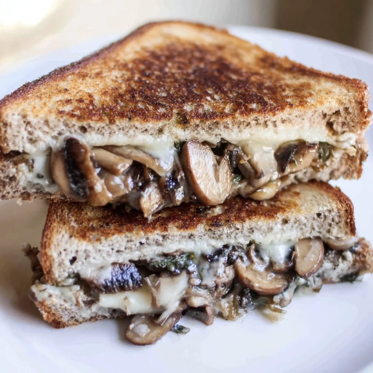 Savory Mushroom Swiss Grilled Cheese sandwich layered with earthy mushrooms and creamy Swiss on crispy rye bread.  