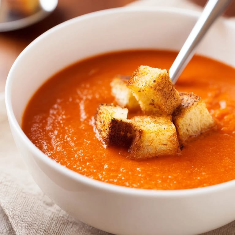 A comforting, family-friendly serving of roasted tomato soup paired with crispy grilled cheese croutons.