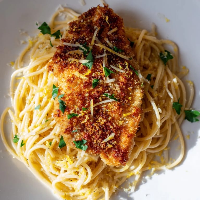 Serve Brown Butter Lemon Chicken Pasta in a white bowl with extra lemon wedges and a sprinkle of red pepper flakes for a bright finish.
