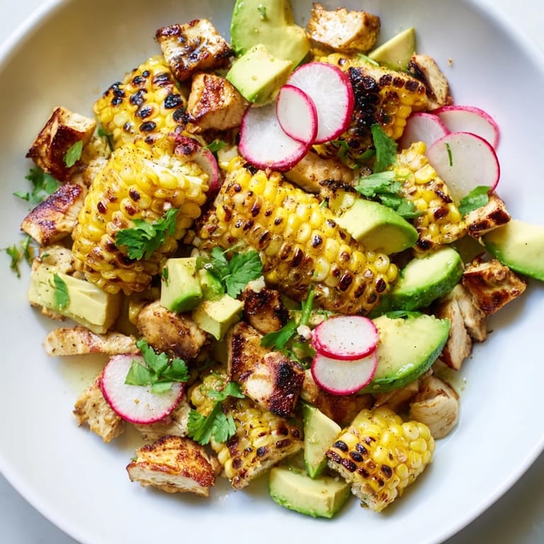 Hearty Roasted Corn & Chicken Chopped Salad served on a bed of crisp romaine with cherry tomatoes and a zesty lime vinaigrette.