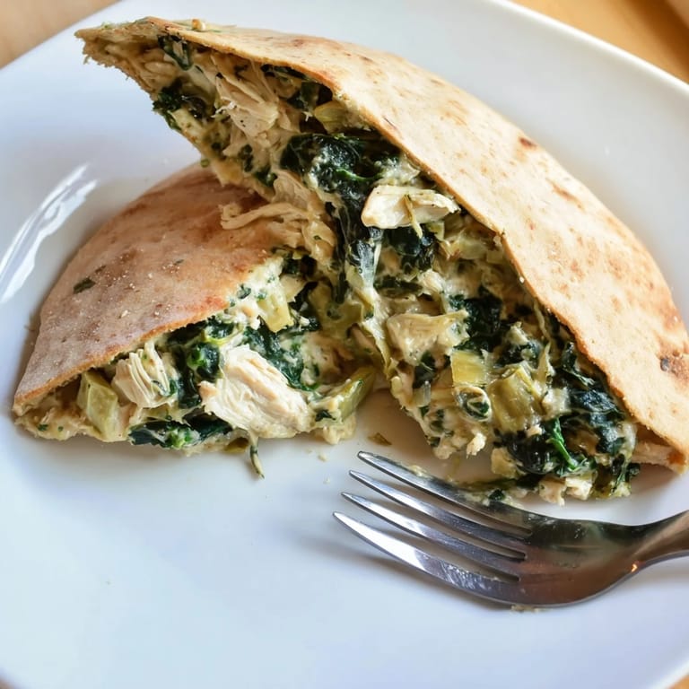A close-up of Spinach Artichoke Chicken Stuffed Pita showing tender chicken, spinach, and artichoke hearts.
