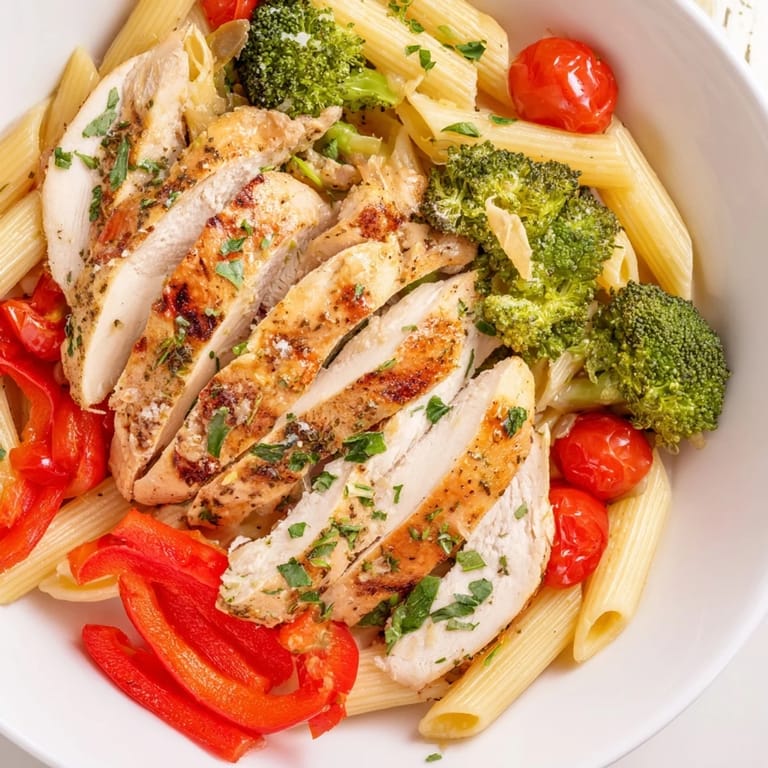 Garlic Herb Chicken & Veg Pasta with tender roasted chicken, broccoli, and red onion over penne, garnished with fresh parsley and Parmesan.