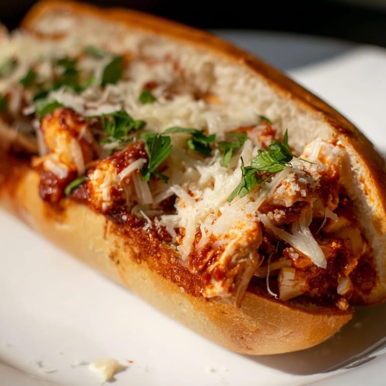Sliced portions of Chicken Parm Stuffed Garlic Bread show rich marinara, shredded chicken, and golden Parmesan topping for an appetizer.