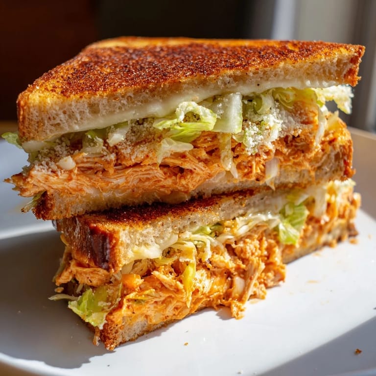 A close-up view of a Buffalo Chicken Caesar Grilled Cheese showing crispy sourdough, shredded romaine, and creamy Caesar dressing.