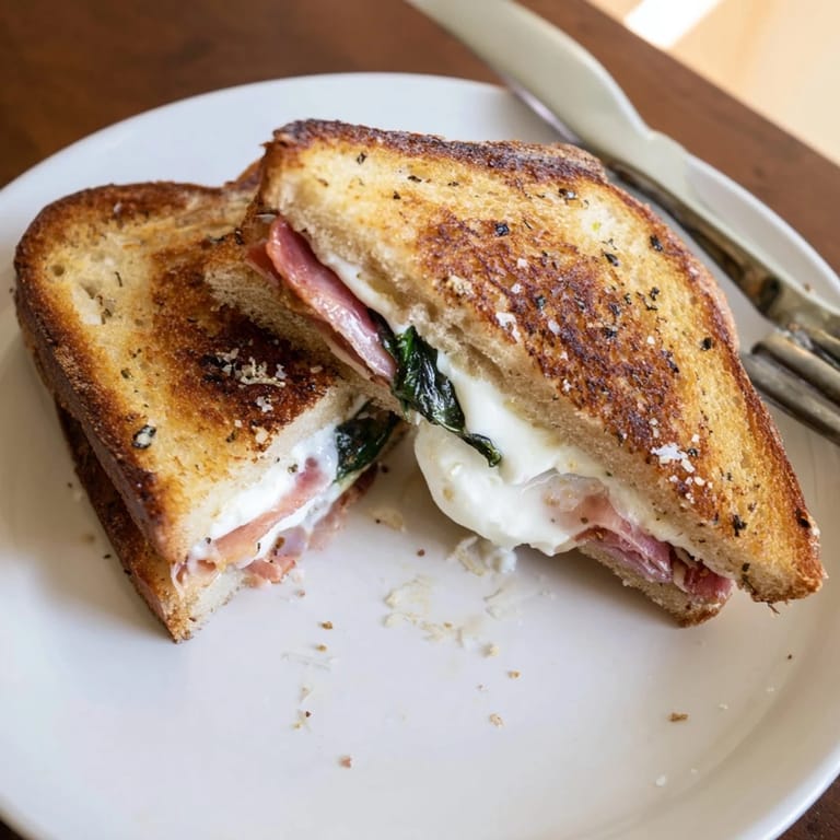 A close-up of a sliced Italian-American grilled cheese, revealing warm burrata and crisp prosciutto between golden, toasted sourdough.