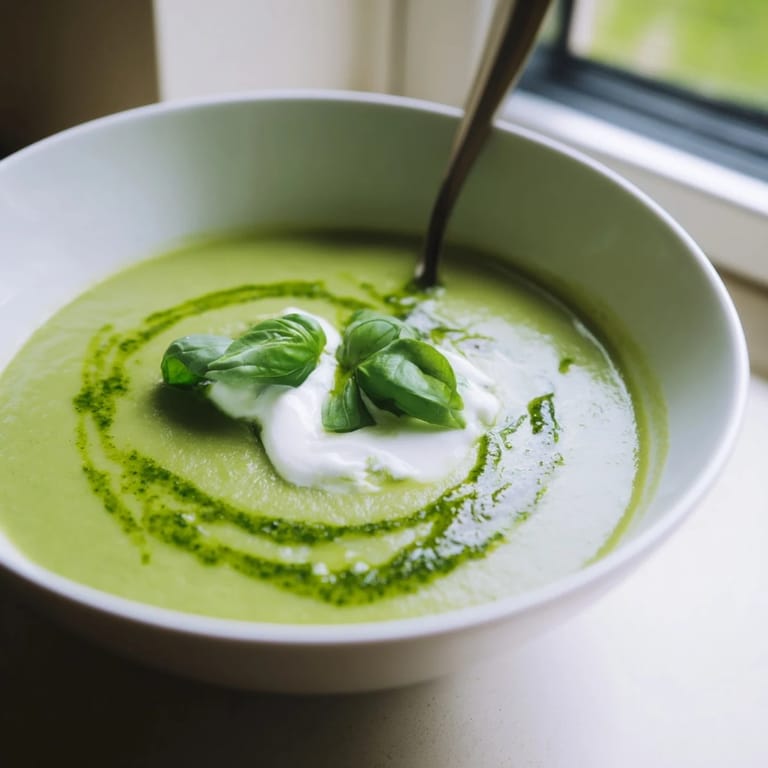 A ladle of homemade Courgette, Pea and Pesto Soup poured from a pot, ready to be served with crusty bread.