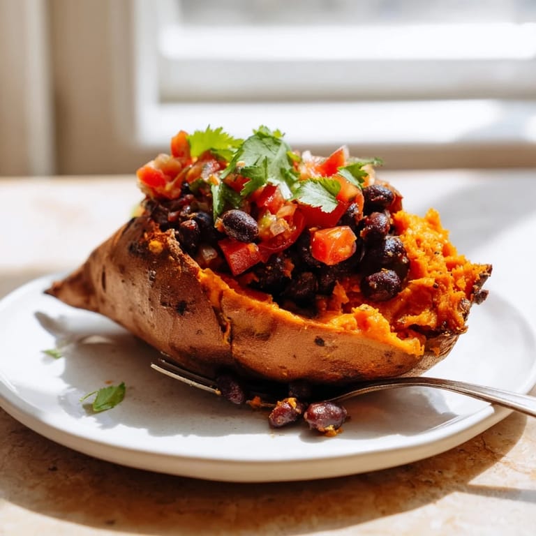 Golden roasted sweet potatoes filled with chipotle black beans and fresh zesty tomato salsa, ready to eat.