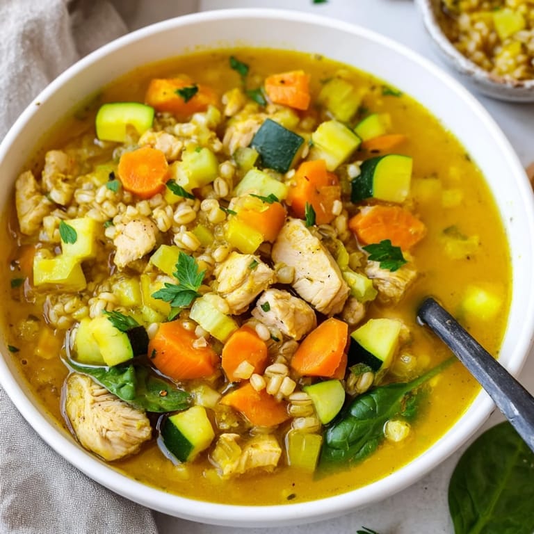 Soothing Turmeric Chicken With Pearl Barley, a hearty soup with tender chicken, carrots, and wilted spinach.
