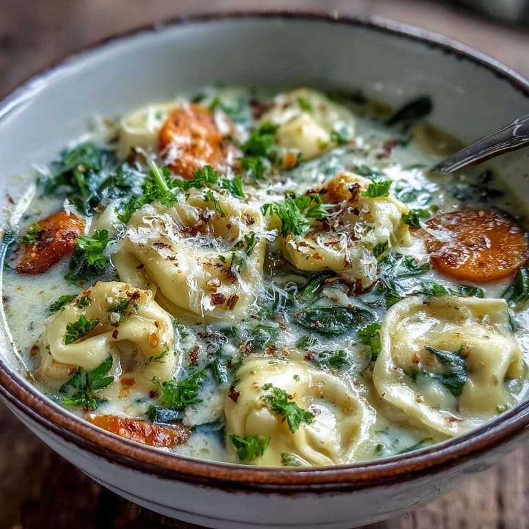 Close-up of Easy Tortellini Soup With Chicken Broth showing tender cheese tortellini and wilted spinach in creamy broth.