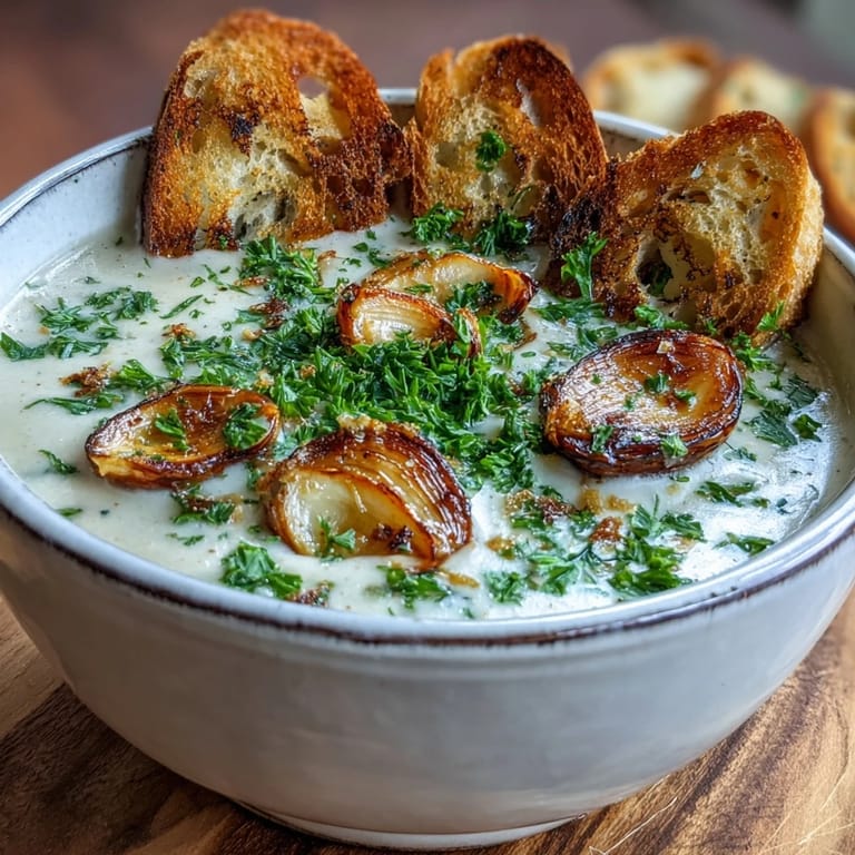 Close-up of roasted garlic cloves and thyme blended into rich Roasted Garlic Soup, topped with a drizzle of olive oil.