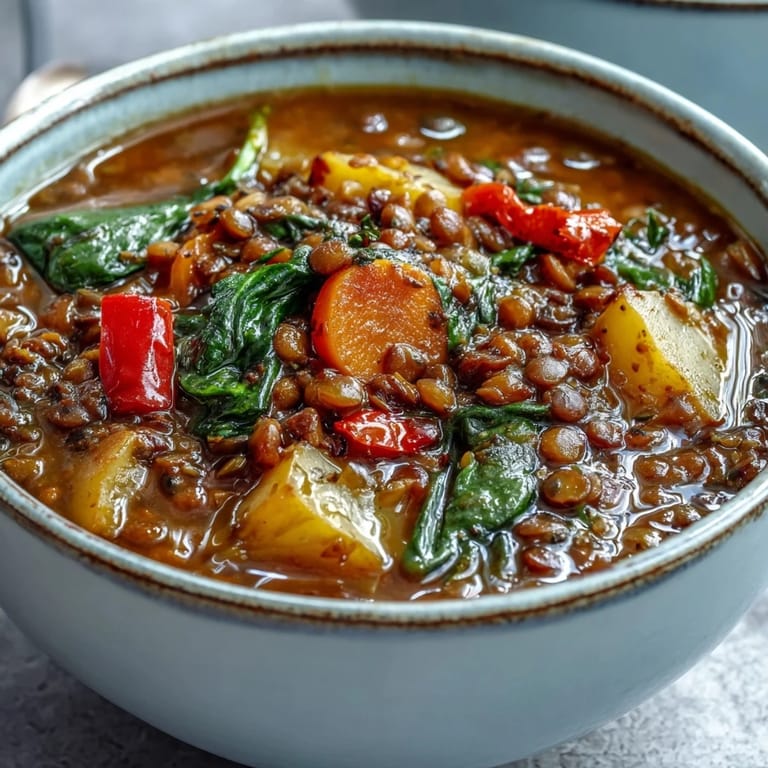 Rustic Vegetarian Lentil Stew simmering in a pot with colorful carrots, potatoes, and spinach.