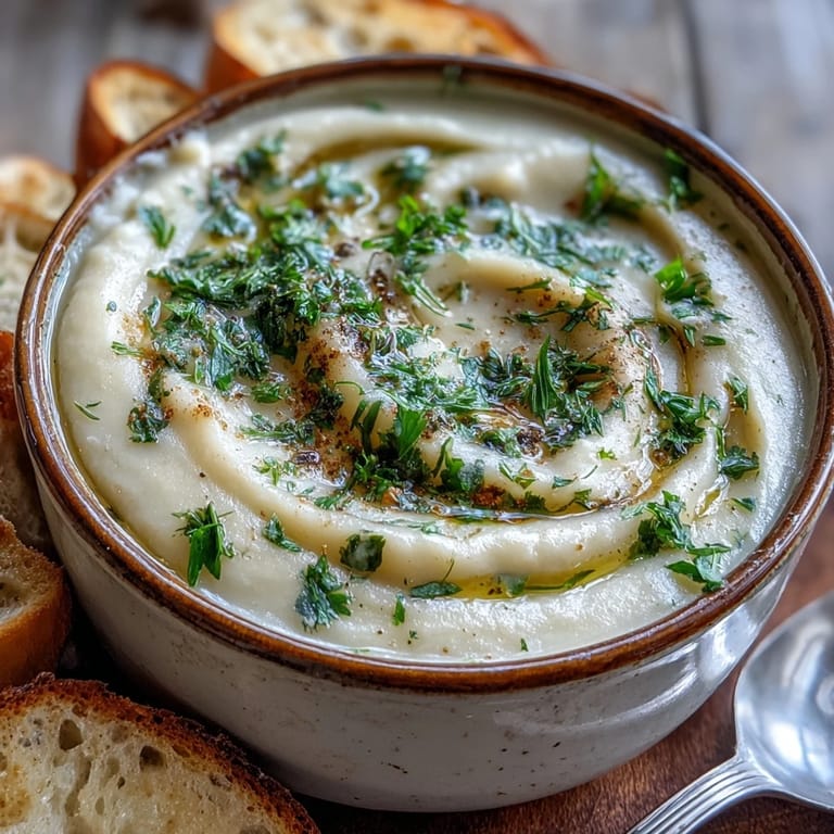A bowl of creamy parsnip and herb soup garnished with dill, served beside warm crusty bread.