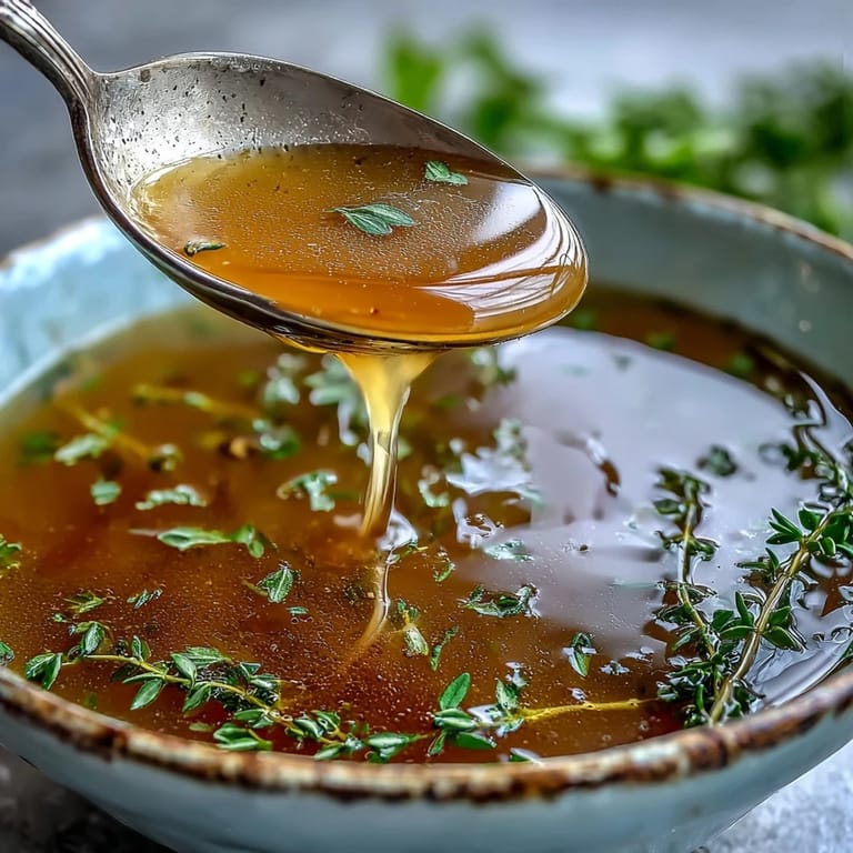 A fine-mesh sieve strains golden Vegetable Broth From Scraps into a glass bowl, collecting drips.