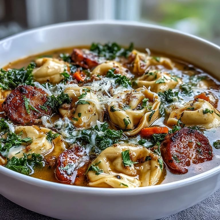 Sliced chicken sausage, cheesy tortellini, and wilted kale float in rich pumpkin soup.