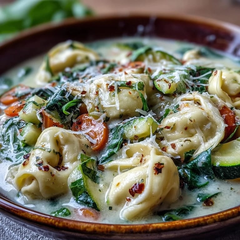 Hearty Creamy Vegetable Tortellini Soup ladled into a white bowl, garnished with Parmesan and herbs, served alongside crusty artisan bread.
