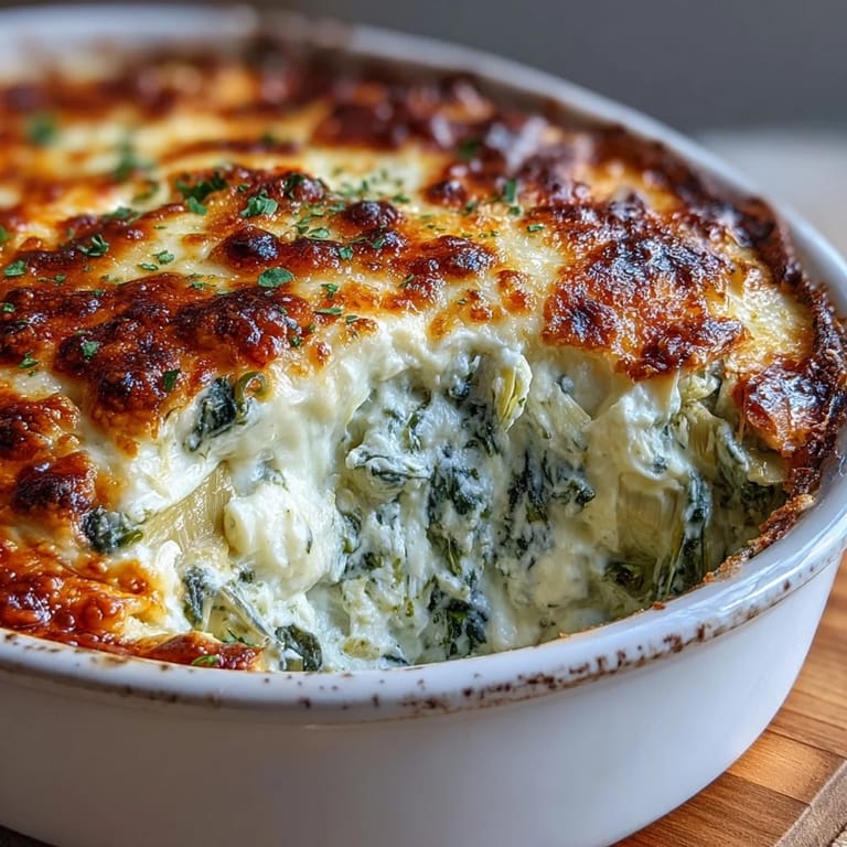 A close-up of golden, bubbling spinach artichoke dip with crunchy pita chips for dipping.