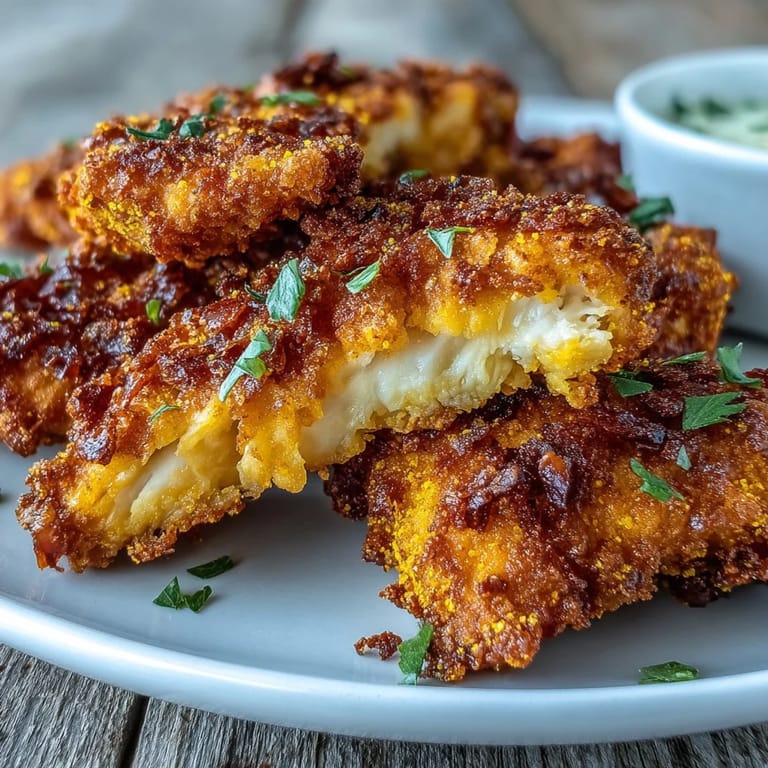 Juicy Crispy Turmeric Chicken Tenders are piled high, ideal for a quick and easy appetizer spread.