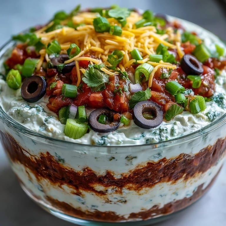 A colorful 4-Way Layered Dip served in a glass bowl, ready for tortilla chips at a party.