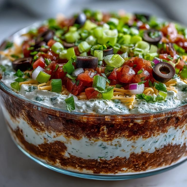 Four-layer dip showcasing beans, cream cheese, salsa, and cheddar with crunchy toppings, perfect for game day snacking.