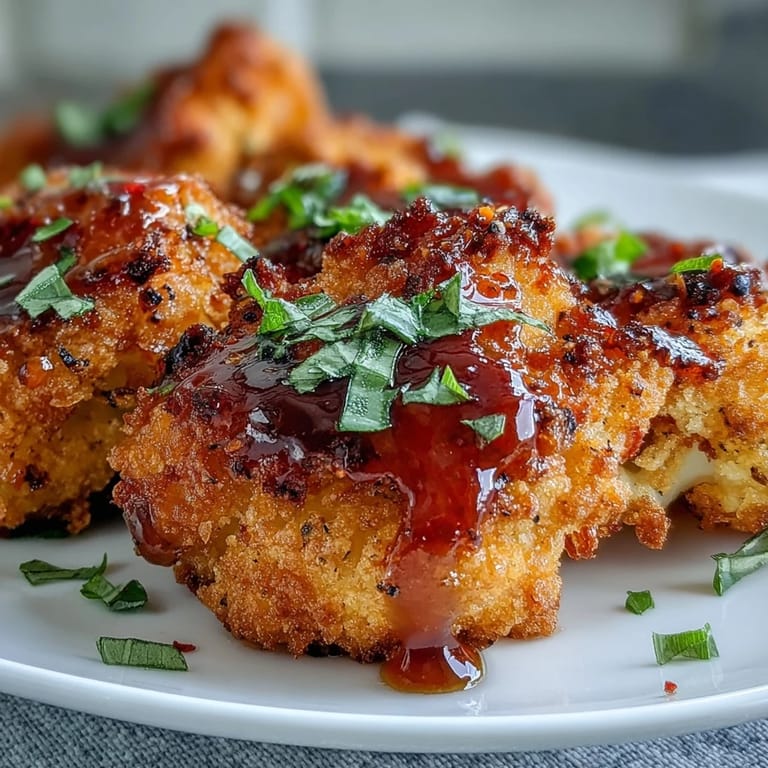 Freshly baked cauliflower florets coated in a crispy panko crust are drizzled with homemade hot honey.  