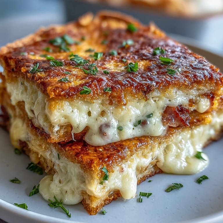 Homemade Croque Monsieur Casserole featuring creamy béchamel sauce, melted Gruyère, and golden toasted bread layers in a baking dish.