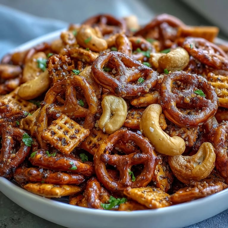Freshly baked Everything Ranch Cheese and Pretzel Snack Mix with rye chips and cheese crackers on a rustic table, perfect for game day.
