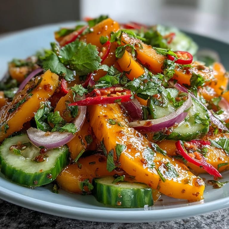 A close-up of a vibrant Refreshing Mango Salad with Lime Dressing, showcasing juicy mango slices, crunchy cucumbers, and a glistening lime-honey vinaigrette.