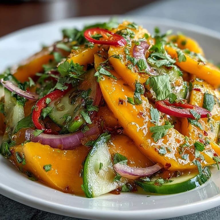 Serve Refreshing Mango Salad with Lime Dressing in a white bowl, garnished with cilantro and chilies, ideal for a light vegetarian lunch or side dish.